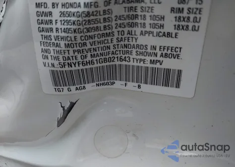 2016 Honda Pilot Ex-L from USA, damaged, VIN 5FNYF6H61GB021643